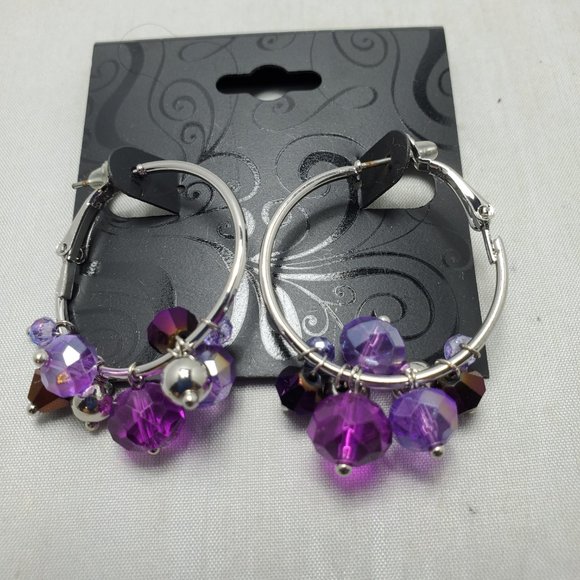 crystal glass beaded cluster hoop earring Amethyst & silver - Picture 2 of 4
